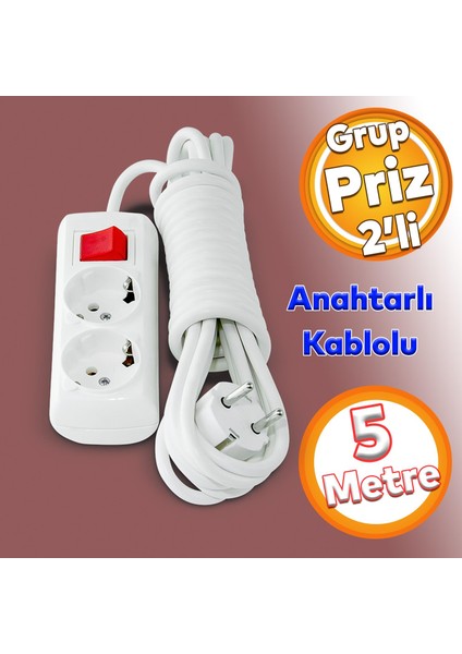 Topraklı Anahtarlı Düğmeli Çoklu 5 Metre Kablolu 2'li Grup Priz Fiş Çoğaltıcı Asmalı Uzatma