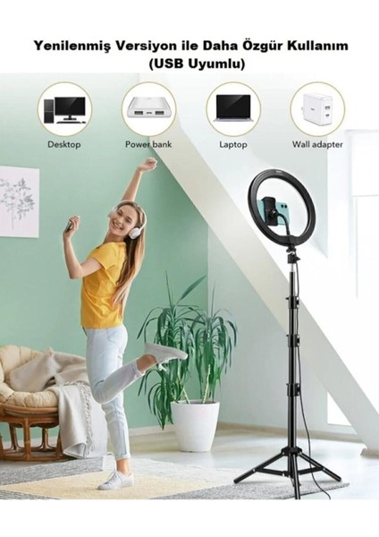 Kumandalı Youtuber Tiktok Çekim Işıklı Telefon Tutucu Makyaj Işığı Ring Light 10 Inç + 2.1 M Tripod