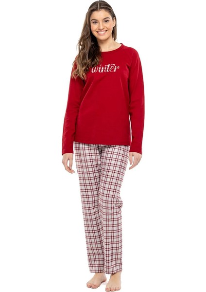 Sıfır Yaka Kareli Bayan Pijama Takım