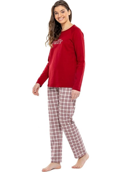 Sıfır Yaka Kareli Bayan Pijama Takım