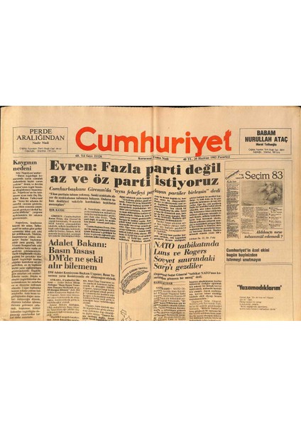 Cumhuriyet Gazetesi 20 Haziran 1983 - Iran Ile Takas Antlaşması - Istanbul Festivali Başlıyor Abdde Açlık Sorunu GZ132442