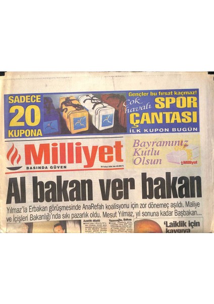 Milliyet Gazetesi 20 Şubat 1996 - Fenerbahçe Duvar Ördü - Avrupanın Kota Şantajı GZ132811