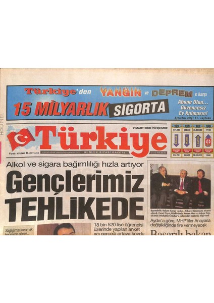 Türkiye Gazetesi 2 Mart 2000 - Alkol ve Sigara Bağımlılığı Hızla Artıyor - Ecevit Anayasa Değişikliğinde Pazarlık Yok GZ132407