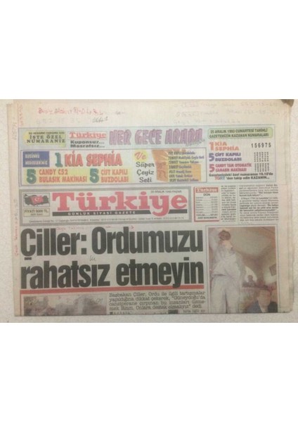 Türkiye Gazetesi 26 Aralık 1993 - Çiller Ordumuzu Rahatsız Etmeyin GZ51583