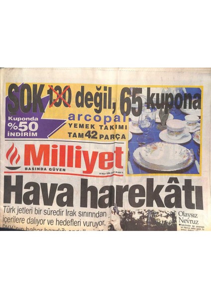Milliyet Gazetesi 22 Mart 1996 - Türk Jetleri Bir Süredir Irak Sınırından Içerilere Dalıyor ve Hedefleri Vuruyor GZ132818