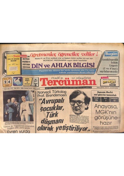 Tercüman Gazetesi 24 Eylül 1982 - Ajda Pekkandan Çok Samimi Itiraflar - Avrupalı Çocuklar Türk Düşmanı Olarak Yetiştiriliyor GZ132667