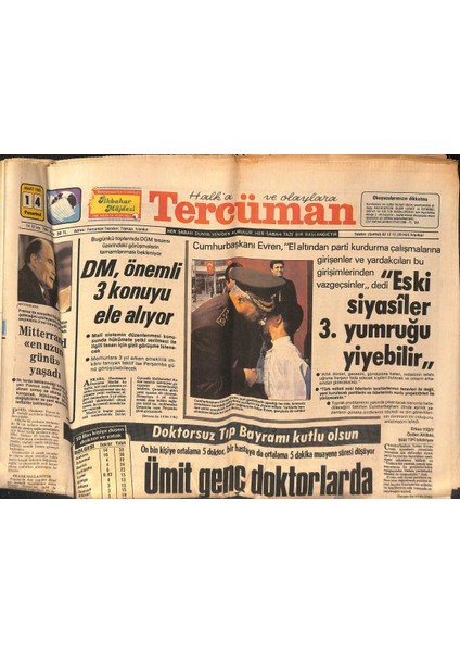 Tercüman Gazetesi 14 Mart 1983 - Eski Siyasicilere Cumhurbaşkanı Evrenden Sert Sözler - Şehit Büyükelçimiz Devlet Töreniyle Toprağa Verilecek GZ132342