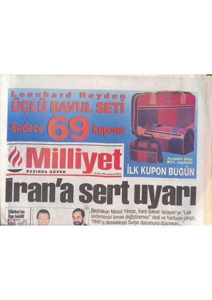 Milliyet Gazetesi 20 Nisan 1996 - Irana Sert Uyarı - Çillerin Telefon Rehberi Refahta - Beşiktaşta Yeni Dönem GZ132859
