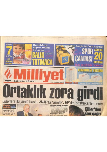Milliyet Gazetesi 19 Şubat 1996 - Trabzonspor Yola Devam - Galatasaraya Piyango - Fenerbahçede Prime Zam GZ132812