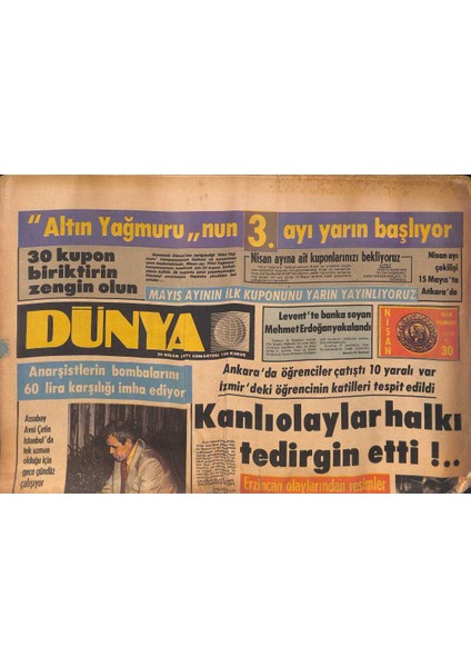 Dünya Gazetesi 30 Nisan 1977 - Kanlı Olaylar Halkı Tedirgin Ediyor - Muazzez Abacı ve Nişanlısına Ateş Açıldı GZ132541