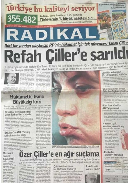 Radikal Gazetesi 6 Şubat 1997- Refah Partisinin Hükümet Için Tek Güvencesi Tansu Çiller GZ45456