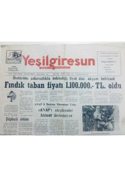 Yeşil Giresun Gazetesi 15 Ağustos 2000 - Fındık Taban Fiyatı 1.100.000 Tl Oldu GZ40776