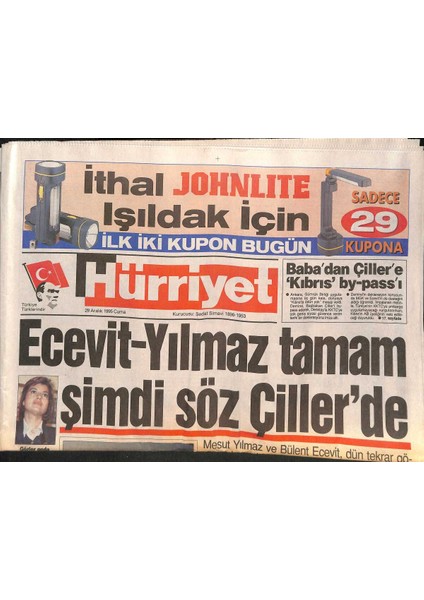 Hürriyet Gazetesi 29 Aralık 1995 - Hakan Şüküre Şok - Demirel Kktcde Pul Oldu GZ132994