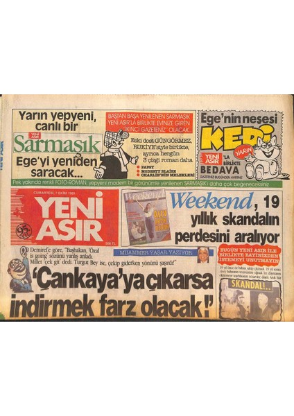 Yeni Asır Gazetesi 7 Ekim 1989 - Demirel Özalın Cumhurbaşkanlığına Son Vermek Için Herkesle Iş Birliği Yapabilirim GZ132242