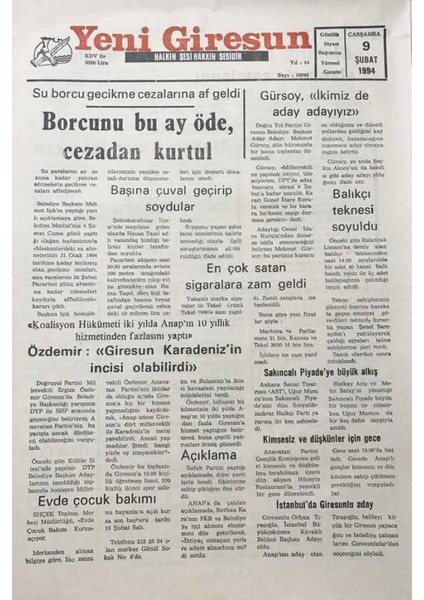 Yeni Giresun Gazetesi 9 Şubat 1994 En Cok Satan Sigaralara Zam Geldi GZ30214