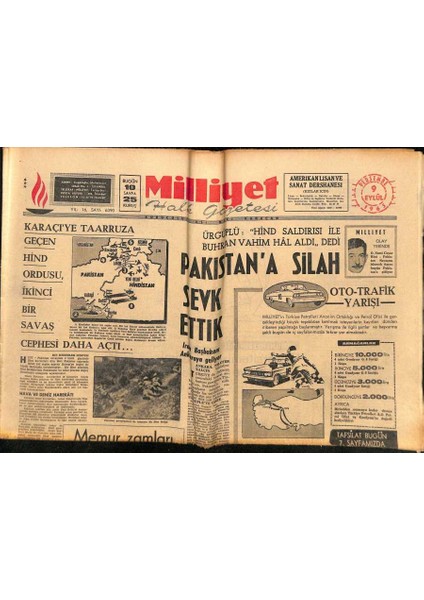 Milliyet Halk Gazetesi 9 Eylül 1965 - Pakistana Silah Sevk Ettik - Giresun Noterinin Adaylığı Iptal Edildi GZ117807