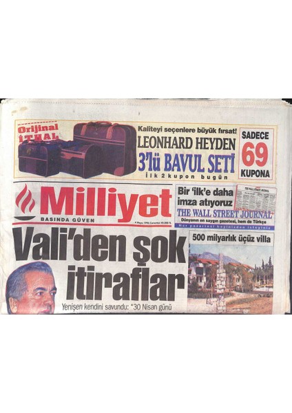 Milliyet Gazetesi 4 Mayıs 1996 - Çillerlerin Pansiyonu - Terime Süper Yetki - Parreiradan Ilk Yarı Alarmı GZ132854