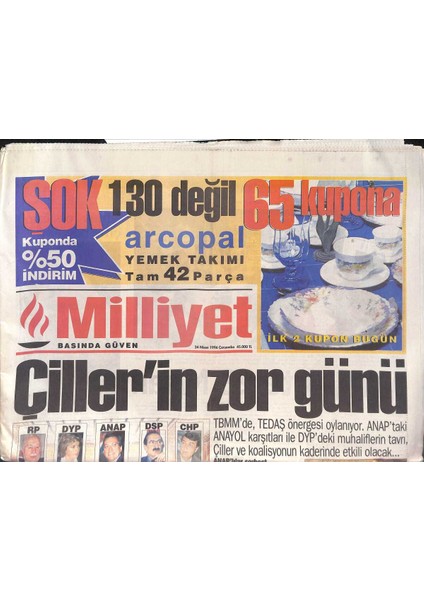 Milliyet Gazetesi 24 Nisan 1996 - Çillerin Zor Günü - Fenerbahçe Ile Galatasaray Kozlarını Paylaşacak Sezonun Ilk Kupası Sahibini Bulacak Gz132852