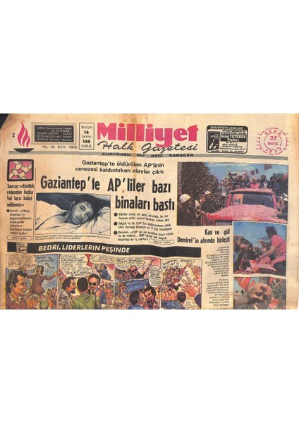 Milliyet Halk Gazetesi 27 Mayıs 1977 - Gaziantepte Apliler Bazı Binaları Bastı - Trabzonspor Türkiye Kupası Şampiyonu Oldu GZ132636
