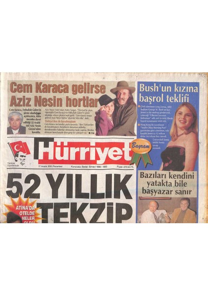 Hürriyet Gazetesi 17 Aralık 2001 - Cem Karaca Gelirse Aziz Nesin Hortlar - Çillerden Demirele Sessiz Darbe GZ132980