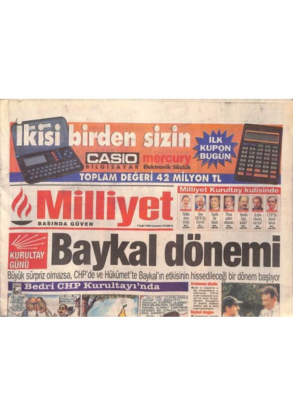 Milliyet Gazetesi 9 Eylül 1995 - Isviçrenin Başı Dertte - Baykal Dönemi - Fenerbahçede Rekor Prim GZ132635