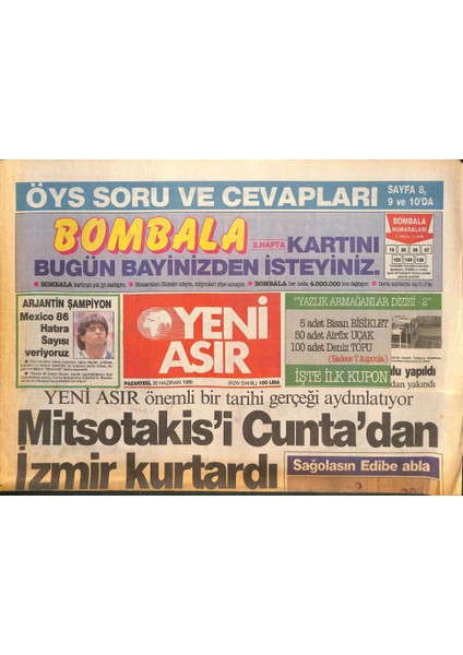 Yeni Asır Gazetesi 30 Haziran 1986 - Hastane Için Yök Soruşturması - Mitsotakisi Cuntadan Izmir Kurtardı Gz132131