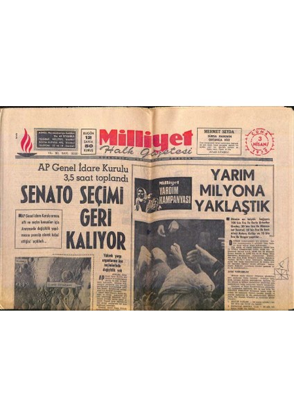 Milliyet Halk Gazetesi 3 Nisan 1970 - Salgın Hastalık Tehlikesi Belirdi - Chpde Kurultay Hazırlığı Başladı GZ118279