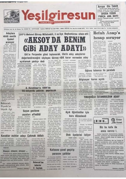 Yeşil Giresun 9 Şubat 1994- Refah Anapa Hesap Soruyor Gz25931