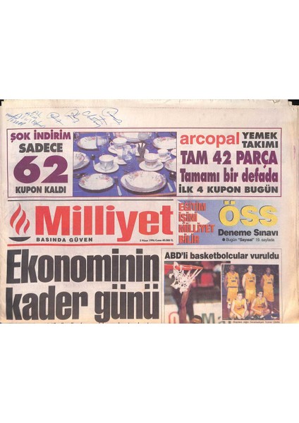 Milliyet Gazetesi 5 Nisan 1996 - Galatasarayda Indirim - Fenerbahçede Aykut Yedek - Irandan Heyet GZ132837