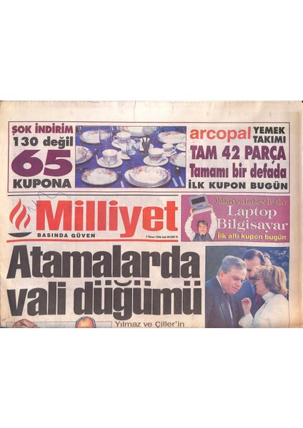 Milliyet Gazetesi 2 Nisan 1996 - Şam-Atina Paktı - Süleyman Seba Tarihe Geçti - Fenerbahçede Tehdit GZ132835