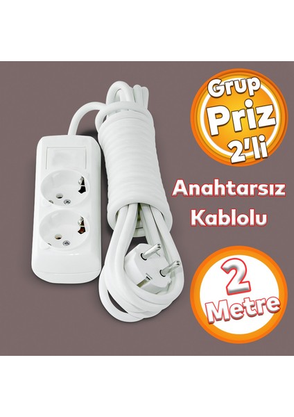 Kablolu 2'li Topraklı Grup Priz Fiş Çoğaltıcı 2 Metre Çoklu Asmalı Uzatma Kablosu Anahtarsız