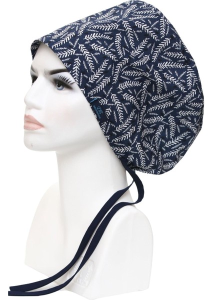 Tesettür Lacivert Yapraklar Desenli Cerrahi Bone Doktor Hemşire Sağlıkçı Hastane Aşçı Bonesi Geniş