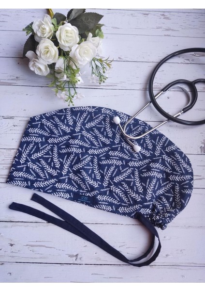 Tesettür Lacivert Yapraklar Desenli Cerrahi Bone Doktor Hemşire Sağlıkçı Hastane Aşçı Bonesi Geniş fiyatları