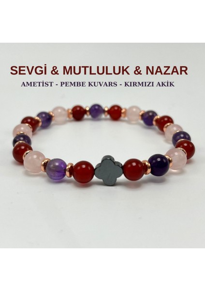 Sevgi & Mutluluk & Nazar Doğal Taş 6mm Elastik Bileklik Ametist-Pembe Kuvars- Kırmızı Akik