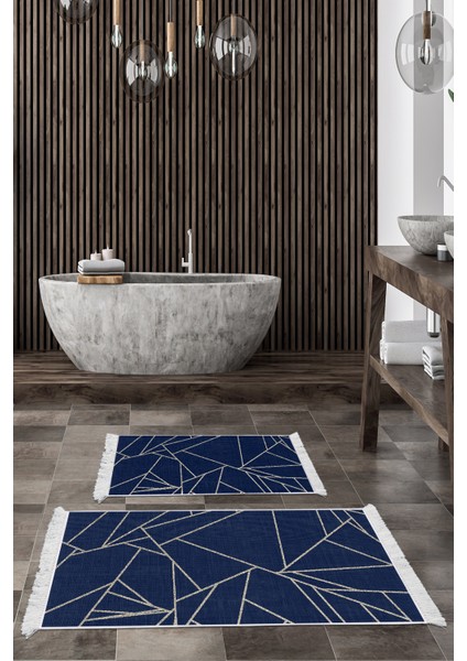 Dijital 2'li Banyo Paspas Takımı Yıldız Deri Kaymaz Taban Saçaklı Modern Shavonne Lacivert