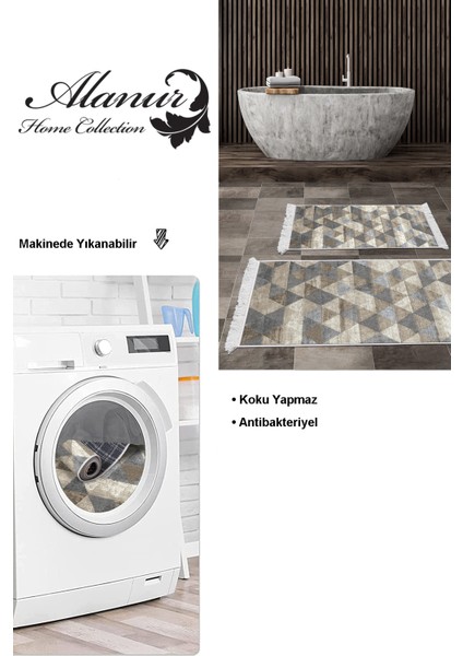 Dijital 2'li Banyo Paspas Takımı Star Pamuk Kaymaz Taban Saçaklı Iskandinav Kitty Bej modelleri