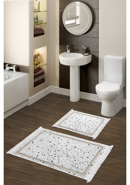 Dijital 2'li Banyo Paspas Takımı Trend Keçe Kaymaz Taban Saçaklı Modern Leann Krem
