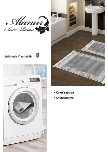 Dijital 2'li Banyo Paspas Takımı Trend Keçe Kaymaz Taban Saçaklı Modern Sequoia Gri modelleri