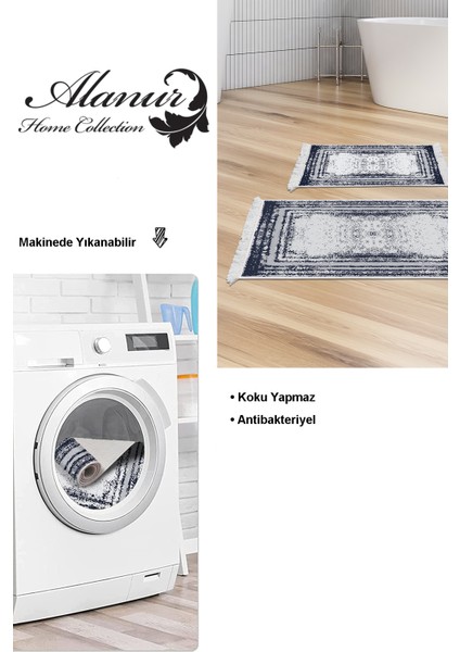 Dijital 2'li Banyo Paspas Takımı Trend Keçe Kaymaz Taban Saçaklı Modern Mollie Lacivert modelleri