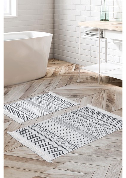 Dijital 2'li Banyo Paspas Takımı Yıldız Deri Kaymaz Taban Saçaklı Iskandinav Cade Lacivert