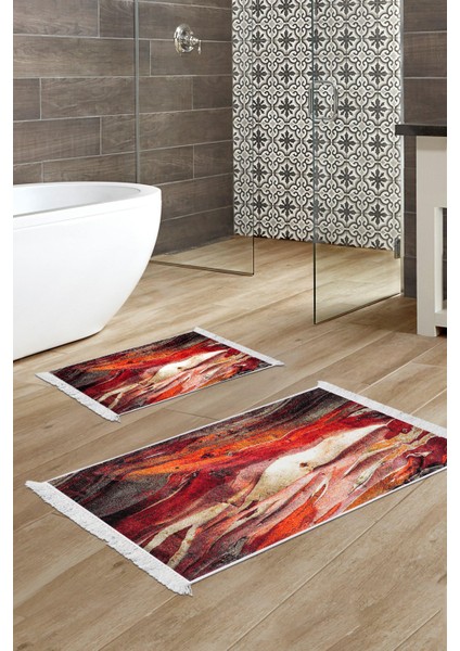 Dijital 2'li Banyo Paspas Takımı Trend Keçe Kaymaz Taban Saçaklı Modern Araminta Bordo