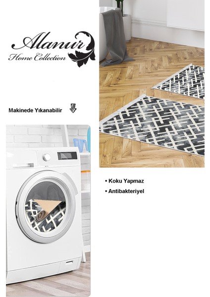 Dijital 2'li Banyo Paspas Takımı Yıldız Deri Kaymaz Taban Saçaklı Iskandinav Babette Gri