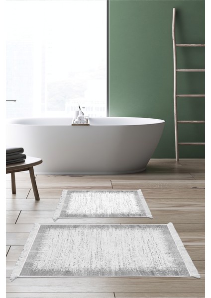 Dijital 2'li Banyo Paspas Takımı Yıldız Deri Kaymaz Taban Saçaklı Modern Evelina Gri