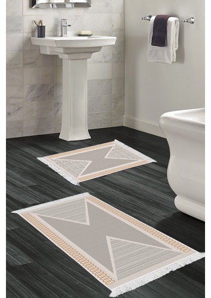 Dijital 2'li Banyo Paspas Takımı Trend Keçe Kaymaz Taban Saçaklı Modern Leila Krem