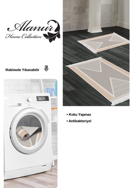 Dijital 2'li Banyo Paspas Takımı Trend Keçe Kaymaz Taban Saçaklı Modern Leila Krem