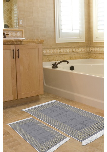 Dijital 2'li Banyo Paspas Takımı Trend Keçe Kaymaz Taban Saçaklı Modern Shelbi Antrasit