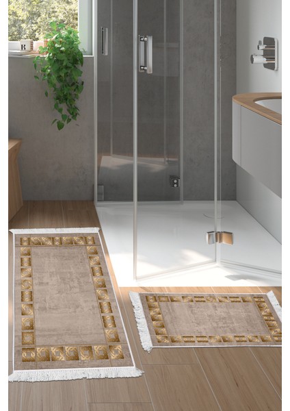 Dijital 2'li Banyo Paspas Takımı Yıldız Deri Kaymaz Taban Saçaklı Modern Twyla Camel