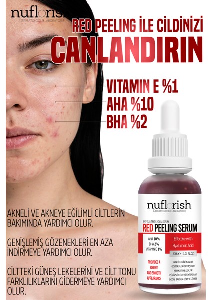 Yüksek Eksfoliasyon Sağlayan Yenileyici Red Peeling Serum Anti Aging Vegan Aha 10% Bha 10% 30 ml