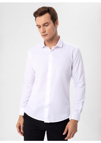 Slim Fit Klasik Yaka Armürlü Beyaz Erkek Gömlek Gm2024700419 fırsatları