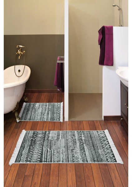 Dijital 2'li Banyo Paspas Takımı Trend Keçe Kaymaz Taban Saçaklı Iskandinav Ysabel Silver